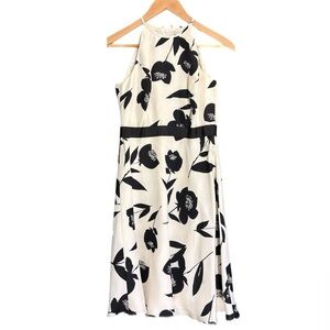 Ann Taylor white/ black floral motif high neck sleeveless silk midi dress